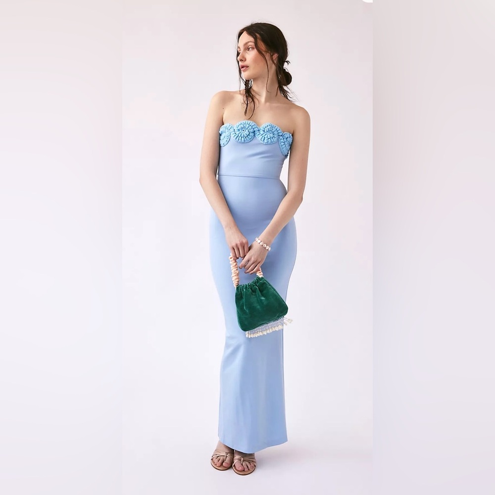 Strapless Light Blue Floral Appliqué Evening Dress